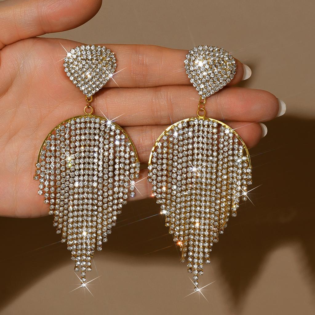 Europäische und amerikanische übertriebene super funkelnde Krallenketten-Serie diamantbesetzte Strass-Fächer-Pfirsichherz-Quaste Ohr