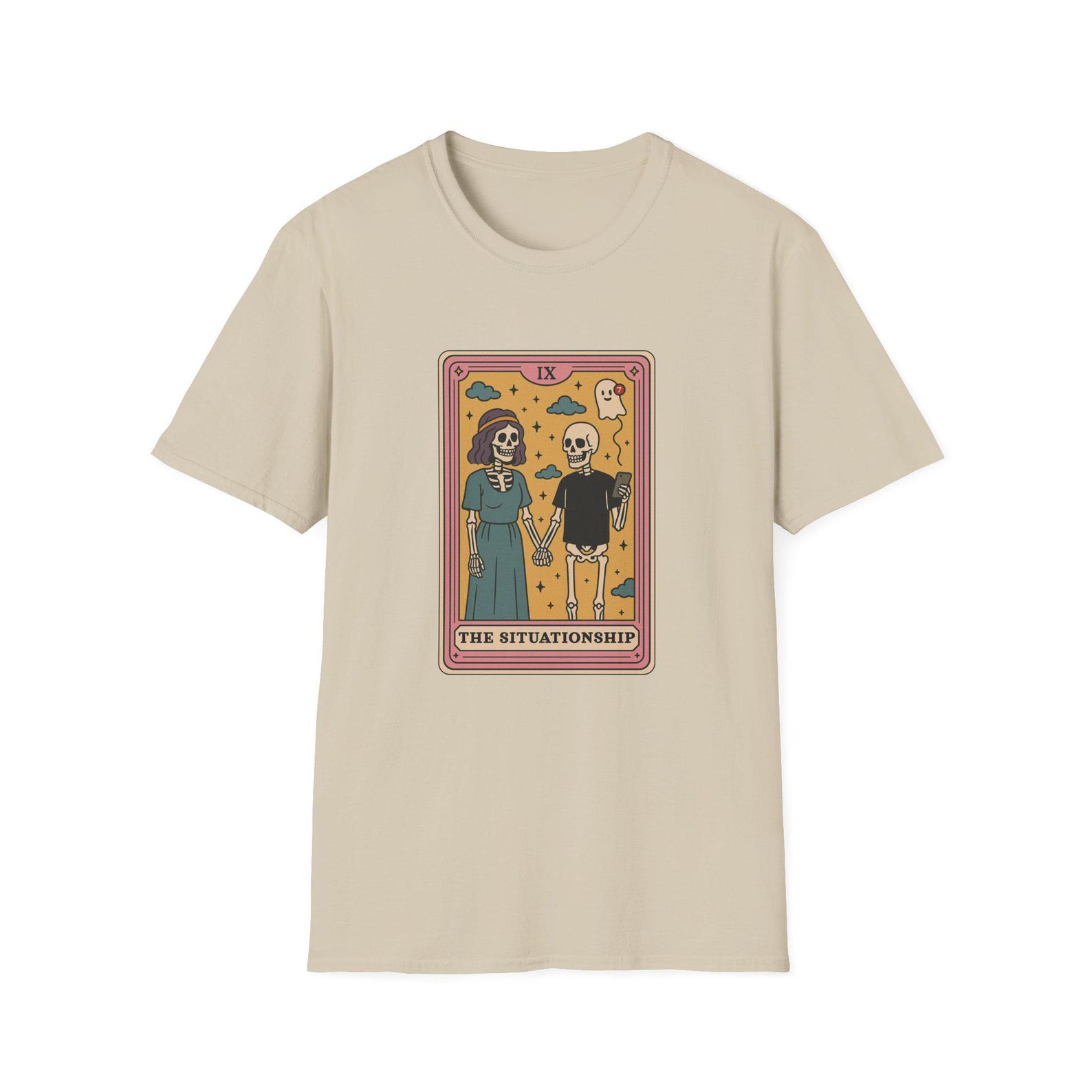 The Situationship Tarot Card Parody T-Shirt - Skeleton Cartoon Graphic Tee, Funny Mock TaroT-Shirt, Sarcastic Novelty Top L