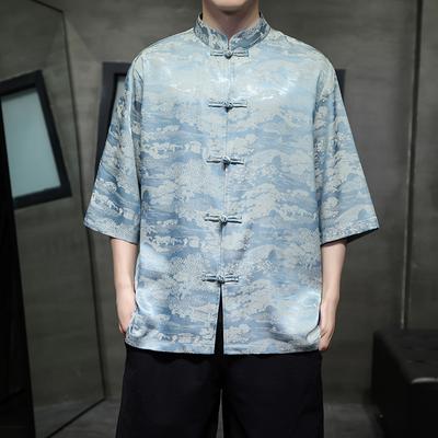 2025 Zomer Ijszijde Kortemouw Overhemd Heren Chinese Stijl Tangpak Jacquard Gewaad Jeugd Retro Heren Overhemd Casual Tops