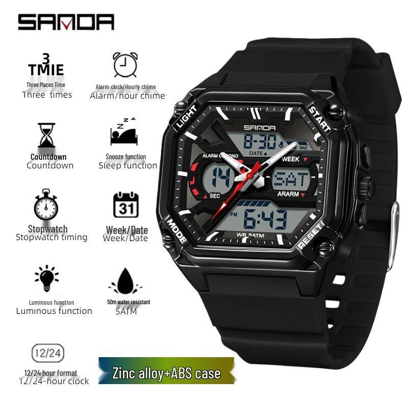 Sanda Men's Multi-Functional Sports Embossed Square Watch with Three-Zone Time and Alarm.