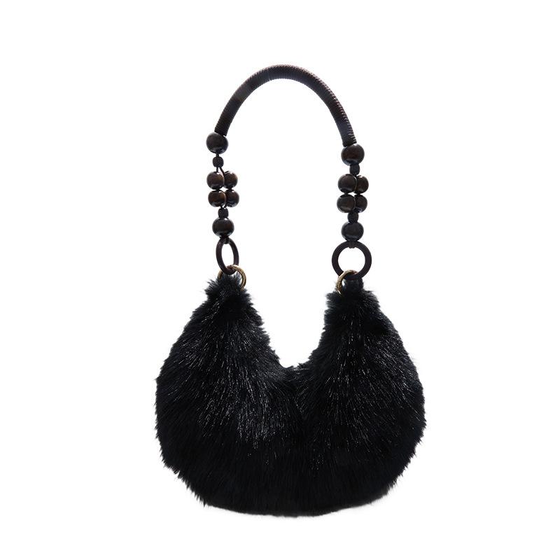 Autumn and Winter New Wooden Bead Portable Plush Shoulder Bag Handbag Texture Fashion Bag Female Sweet Cute Armpit Bag