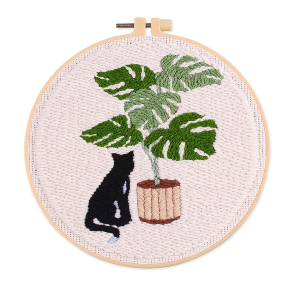 Cartoon Cat & Green Plant - Embroidery Starter Kits with Embroidery Hoops, Punch Needle Fabric with Pattern, Punch Needle Kit for Craft Lovers