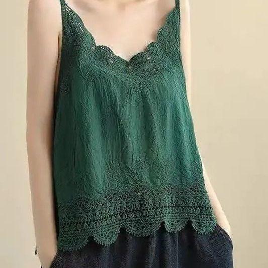 Literary and artistic style cotton and linen small suspenders are versatile, summer new bottoming shirt breathable hollow air-conditioned room vest