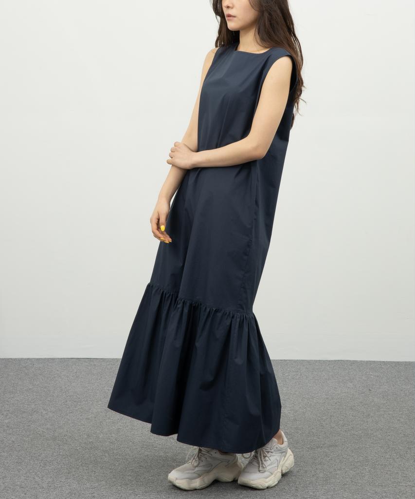 RAW TO RAW Wrd045 Crispy Cotton Shirring Skirt Long Sleeveless Dress (Navy)