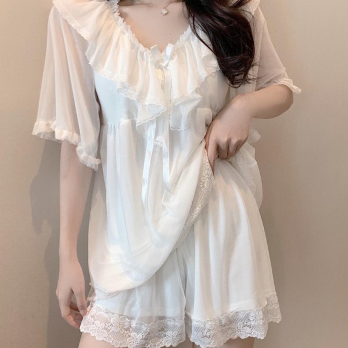 

2026 Spring/Summer Plus Size Women s Mesh Pajama Set - Cute Lace Short Sleeve Home Wear by Chubby Sisters M (suggested under 100 jin)