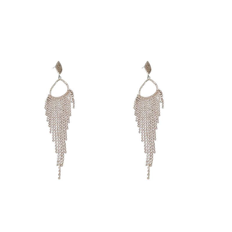 Light luxury style diamond-encrusted water drop long fringed silver needle earrings personality exaggerated niche temperament high-end earrings