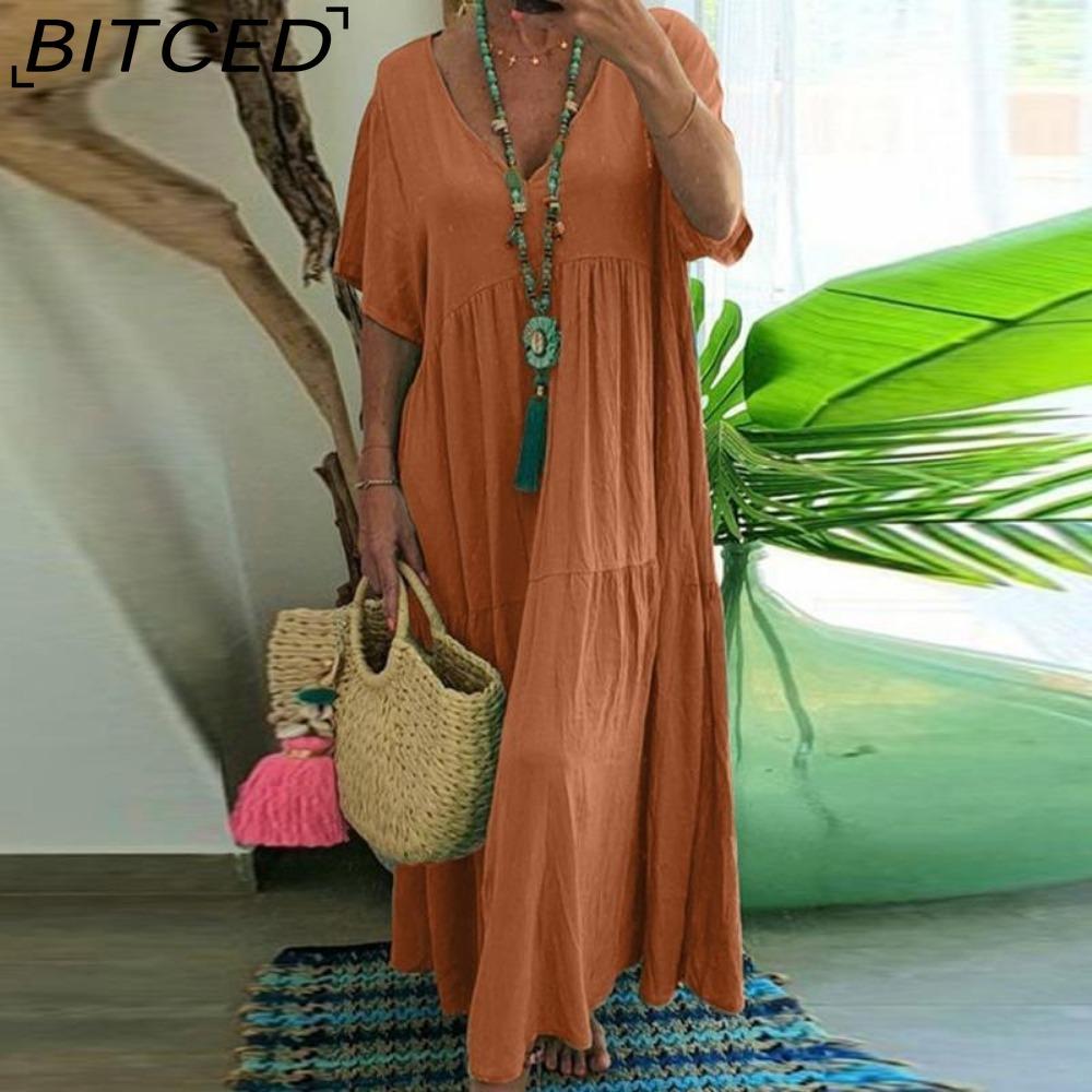 BITCED Women Summer Fashion Solid V-Neck Plus Size Dress Loose Long Oversized Casual Short Sleeve Dress