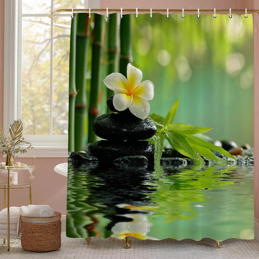 Zen Garden Bamboo Spa Stone Flower Theme Shower Curtain, Bathroom Decorative Shower Curtain, Print polyester Curtain with Hooks