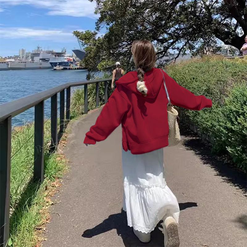 Women's Grey Hooded Fleece Sweatshirt - Slimming Thick Zip-Up Cardigan for Autumn/Winter 2025