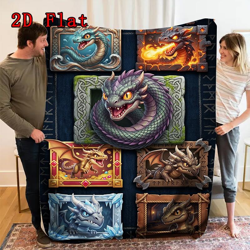 Dragons Mythical Frames 2D Flat Pattern Flannel Blanket, High Quality All Seasons, Home Decor, Warmth and Comfort, Perfect for Christmas Gifts.