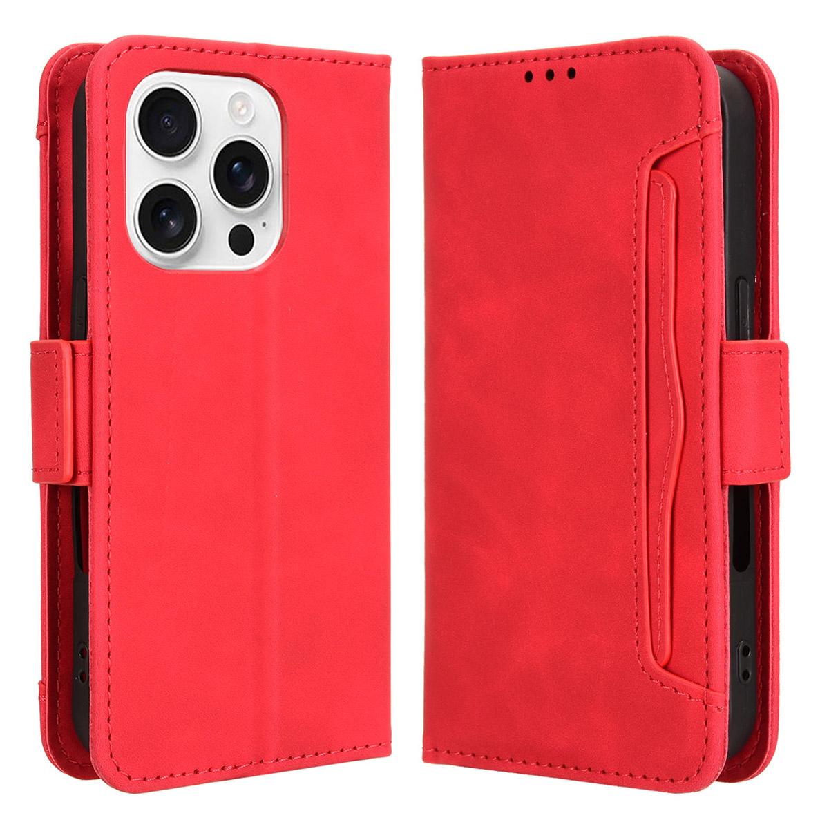 

For iPhone 16 Pro Leather Case Phone Wallet Cover with Multiple Card Slots Red