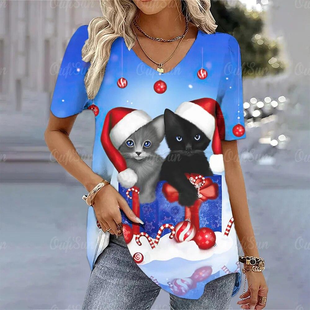 2024 neue Weihnachten Katze Gedruckt T-Shirt Für Frauen Sommer Mode Kawaii Damen Kurzarm T Shirt Tops Festival Femele Kleidung