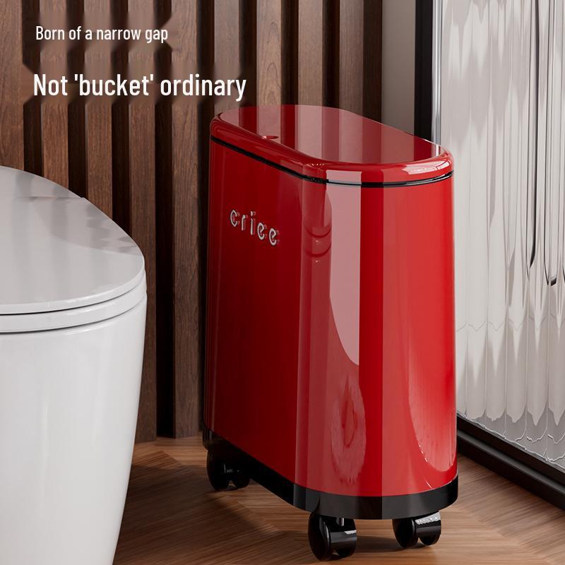 Red Oval Press-Type Trash Can with Lid for Bathroom and Living Room