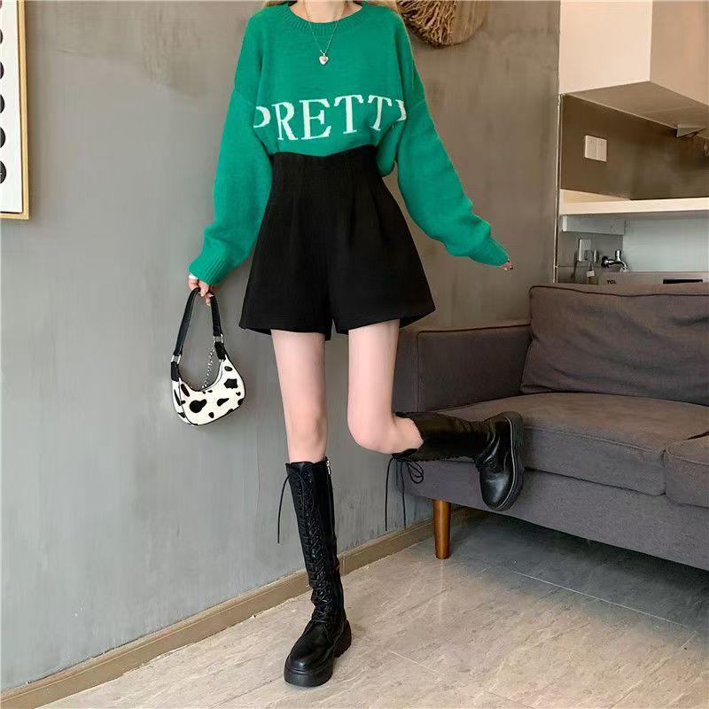2024 High-Waisted Black Woolen Slimming Wide-Leg Casual Shorts for Women