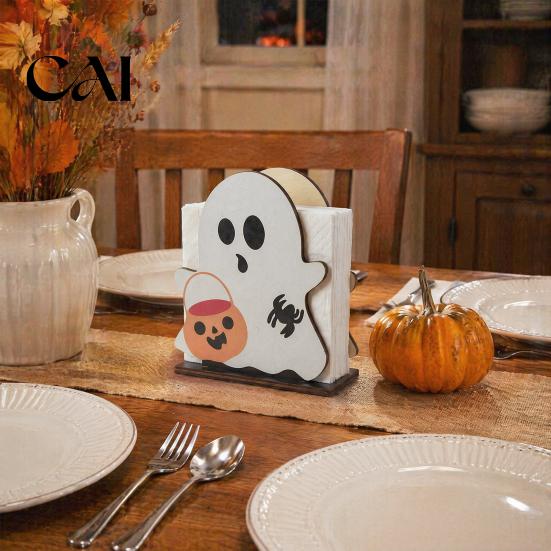 Cute Holiday Dining Accessories Halloween Ghost Wooden Napkin Holder, Paper Towel Decorative Party Table Decor Stand, Freestanding Tissue Dispenser