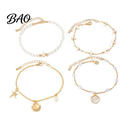 Imitation Pearl Anklet Beach for Women, Starfish Shell Fish Tail Pendant Boho Water-friendly Bracelet, Layered Faux Foot Chain Summer Vacation