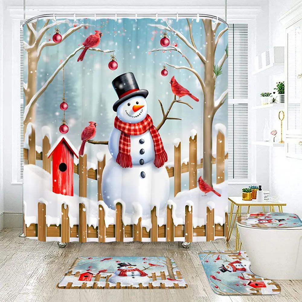 Christmas Elf Shower Curtain Rug Bathroom Set Snowman Fawn Xmas Gift Happy New Year Shower Curtain Set Bathroom Decoration