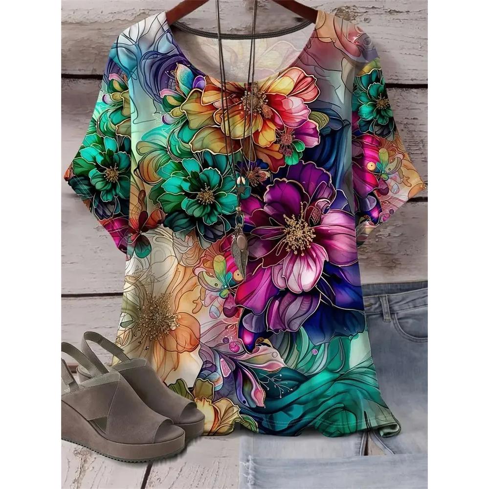Modisches vielseitiges Damen-Oberteil mit Blumenmuster, lässiges kurzärmeliges T-Shirt für den täglichen Komfort