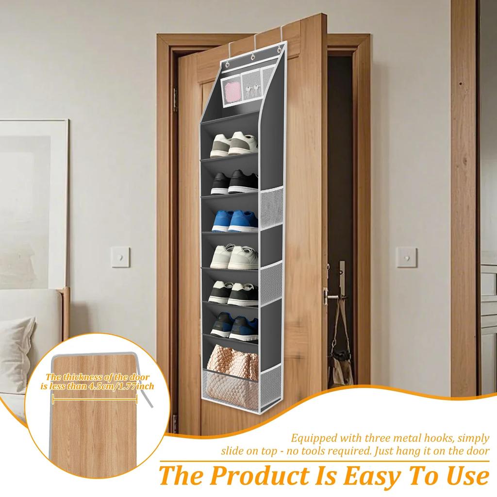 Over The Door Shoe Organizer Bag 8 Layer Shoes Hanging Storage Rack with Top and Side Pockets for Boots Sneakers Sandals