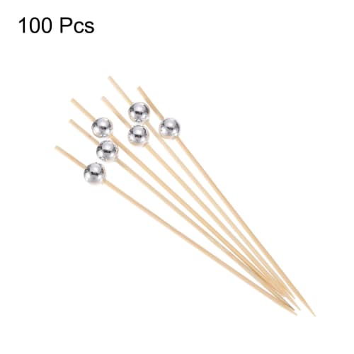 Uxcell Cocktail Toothpicks, Bamboo with Silver Pearl Beads, Long Fruit Sticks for Decorating Cocktail Skewers, Drinks, Appetizers, and Fruits, 120mm,