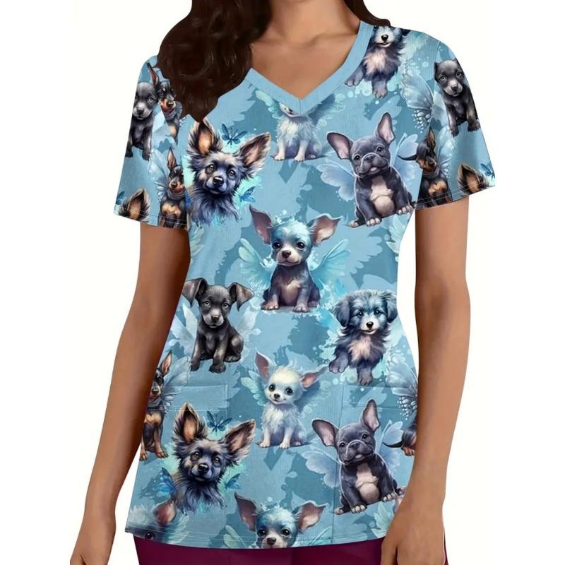 Woman Cute Cat Pattern Print V-Neck Short Sleeve Nurse Uniform Tops Comfortable with Pockets Medical Clothes