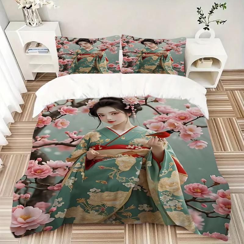 3pcs Anime Kimono Design Comforter Set with One Quilt Cover and Two Pillowcases (No Core) - Festive Gift for Bedroom Decor, Polyester Fabric, Anime Ca