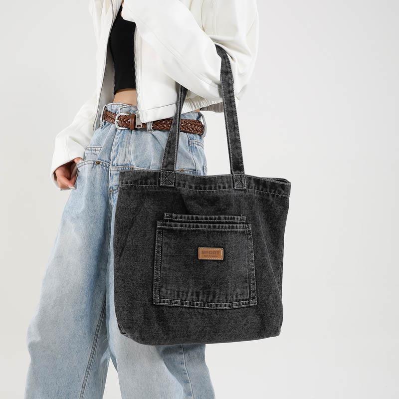Korean Style Versatile Denim Tote & Crossbody Bag - 2025, Large Capacity Women's Casual Commuter Trend.