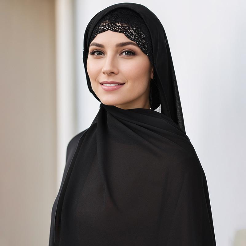 2/Pcs Lace Hijab Cap With Chiffon Scarf Women Hijab Solid Color Long Shawls Wraps Ladies Bandana Cotton Bonnet And Chiffon Scarf