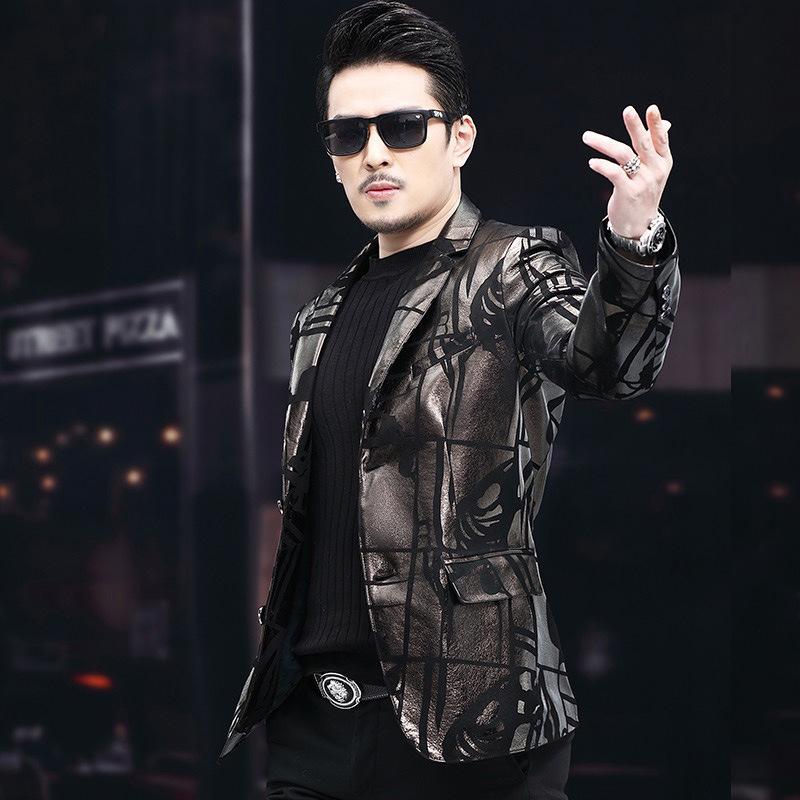New Genuine Leather Coat Men's Sheepskin Printed Suit Coat Autumn and Winter Slim Fit Suit Collar