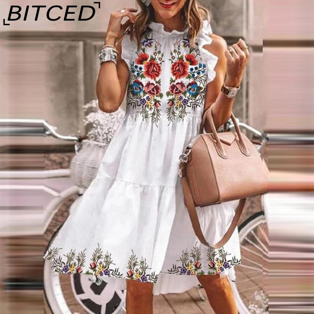 BITCED Women Floral Print Dress Loose Streetwear Knee Length Sleeveless Ruffle Party Dress S-3XL