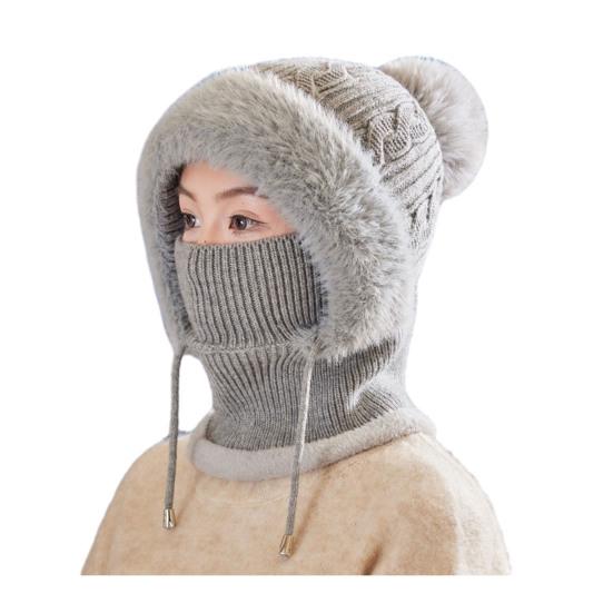 Knitting Hat Women Windproof Insulated Design Winter Hat with Plush Ball 3-in-1 Thickened Hat Face Guard Scarf