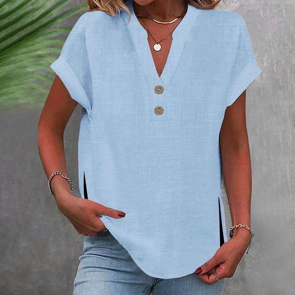 Women's Fashion Casual Solid Colour V-Neck Short Sleeve Button Split Shirt T-Shirt Top