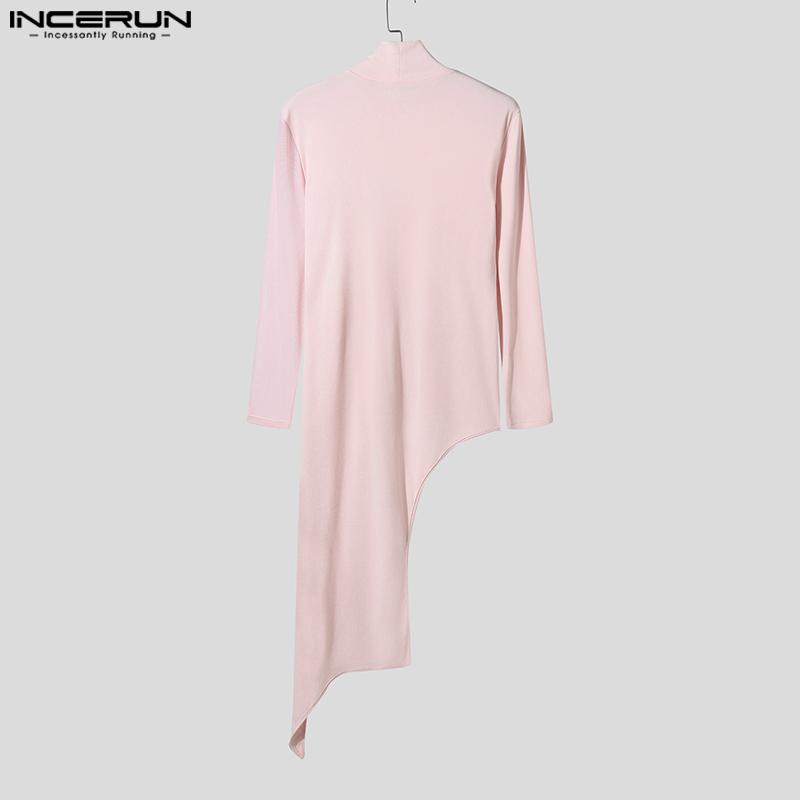 INCERUN Podzimní pánské rolákové topy s dlouhým rukávem, síťovanou patchworkovou aplikací, dlouhá tuniková trička