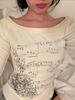 Girls' Retro Slim-Fit Off-Shoulder Long Sleeve T-shirt with Artistic Notes
