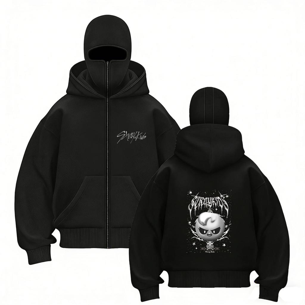 Stray Kids Skz Harajuku Printed Stray Kids Double Hood Zip-Up, Harajuku Print SKZ Hoodie for STAY Two-hat Zip-up Shirt for Men and Women