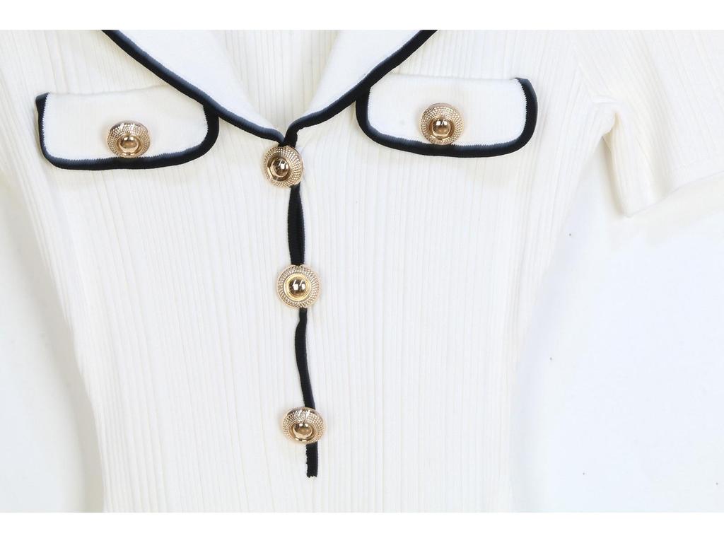 Women's Color-Block Lapel Knit Dress: Slim-Fit, Short-Sleeve, A-Line Design for Spring/Summer