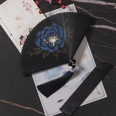 Chinese Style Japanese Classical Folding Fan Black Ancient Style Bamboo Fan Handmade Exquisite Women's Folding Fan