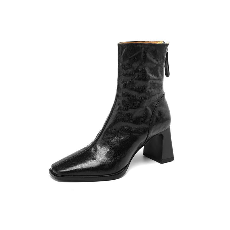 Black Zipper Hand Grab Women's Autumn and Winter Coarse Heel High Heel Boots