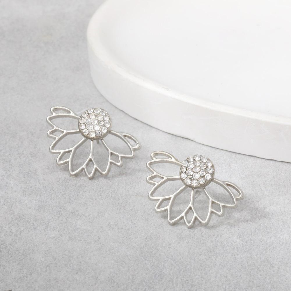 Silver Lotus Women's Stud Earrings Hollow Geometric Statement Small Earrings Rhinestone Tiny Ear Jewelry new