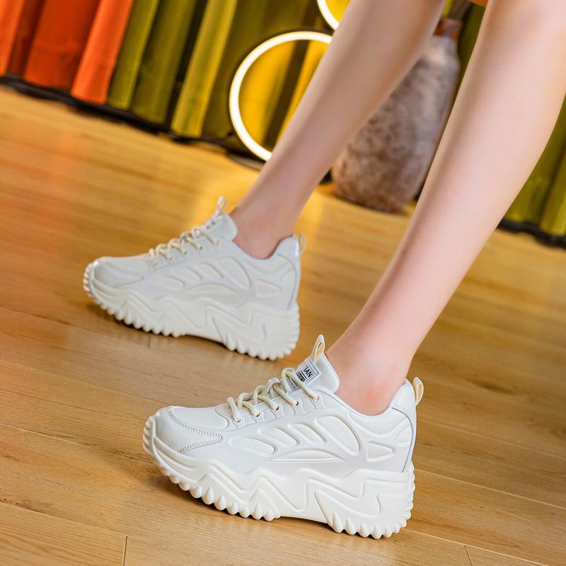 Genuine Leather Shoes Women Fashion Sneakers Flat Platform Height Increasing Shoes 7cm Brand Ladies Breathable Mesh Casual Shoes Black Beige