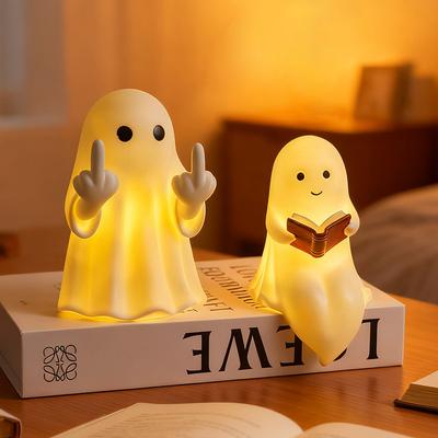 Cute Ghost Reading Book Lamp Halloween Night Light for Bedroom Study Room Spooky Decor Desk Ornament Glowing Ghost Figurine