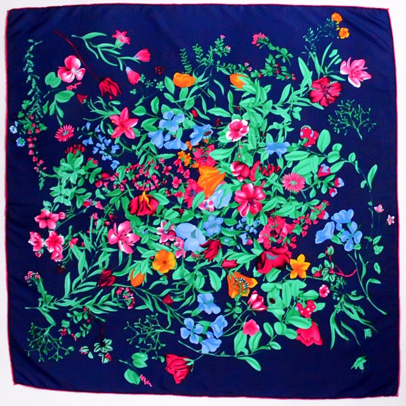 [BYSIFA] Black Plaid Letters Twill Scarves  New Floral Design Fine Hand-hemming Ladies Large Square Silk Scarf Shawl 90*90cm