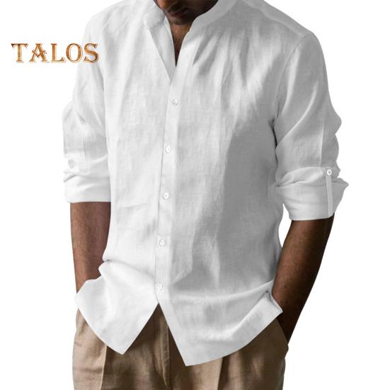 Men Cotton Shirt Long Sleeve Button Down Solid Color Shirt Henry Collar Casual Top with Adjustable Sleeves for Daily Wear Beach Vacation