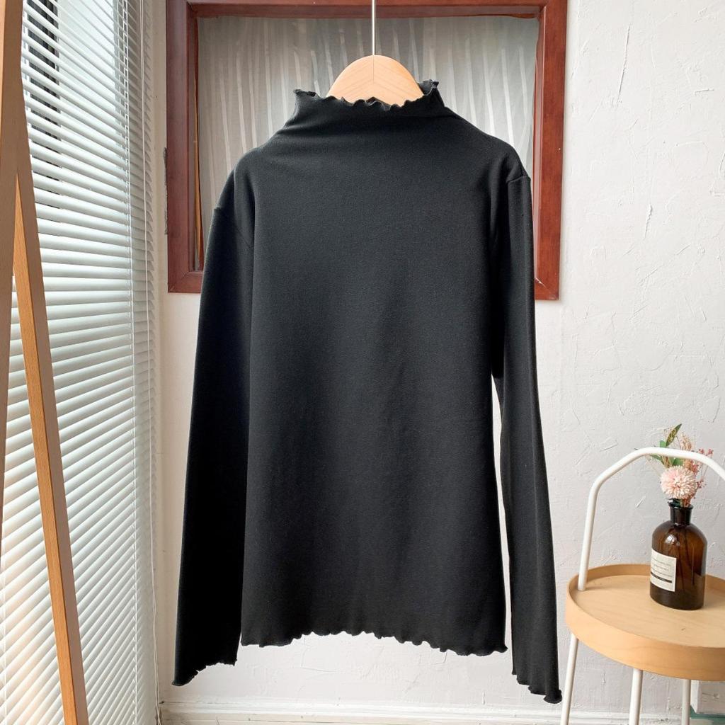 2025 Autumn/Winter Women's Ruffle-Trim Semi-High Neck Solid Color Slimming Warm Base Layer Top