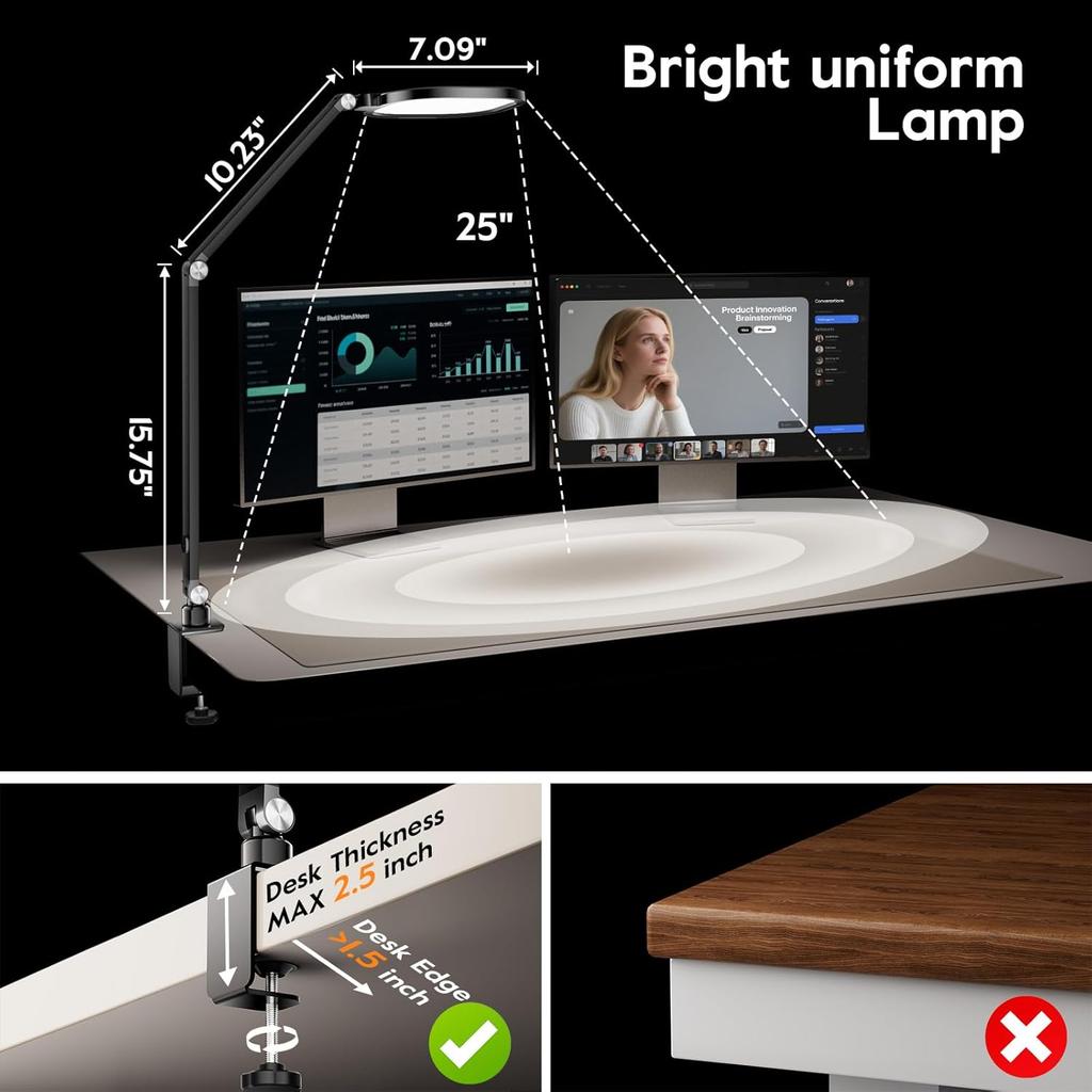 Led Desk Lamps for Home Office, Eye-Care Architect Light with Clamp, Dimmable Zoom Lighting with 3 Color Modes & 10 Brightness, Smart Computer Ring