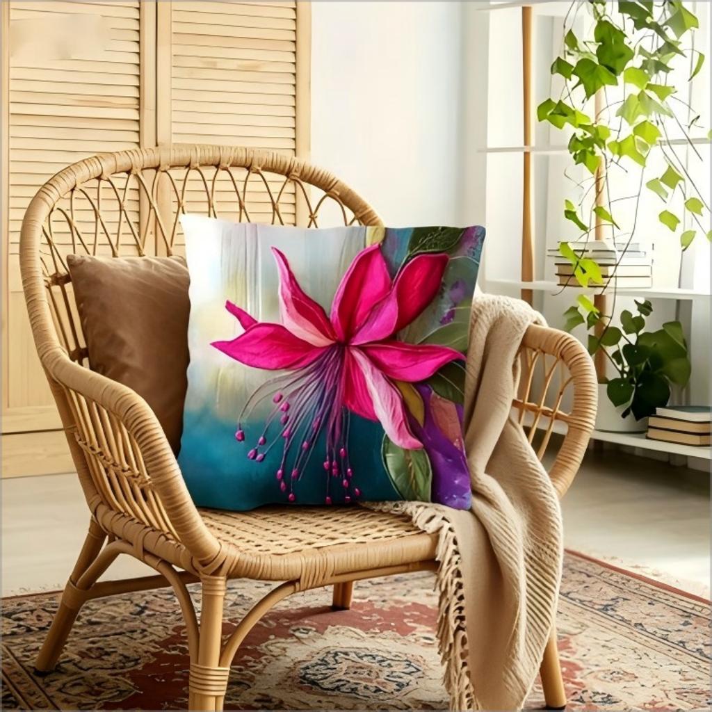 Fuchsia Flower Watercolor Print Throw Pillow Cover, Faux Embroidery Style Decorative Cushion For Living Room Bedroom Sofa Couch