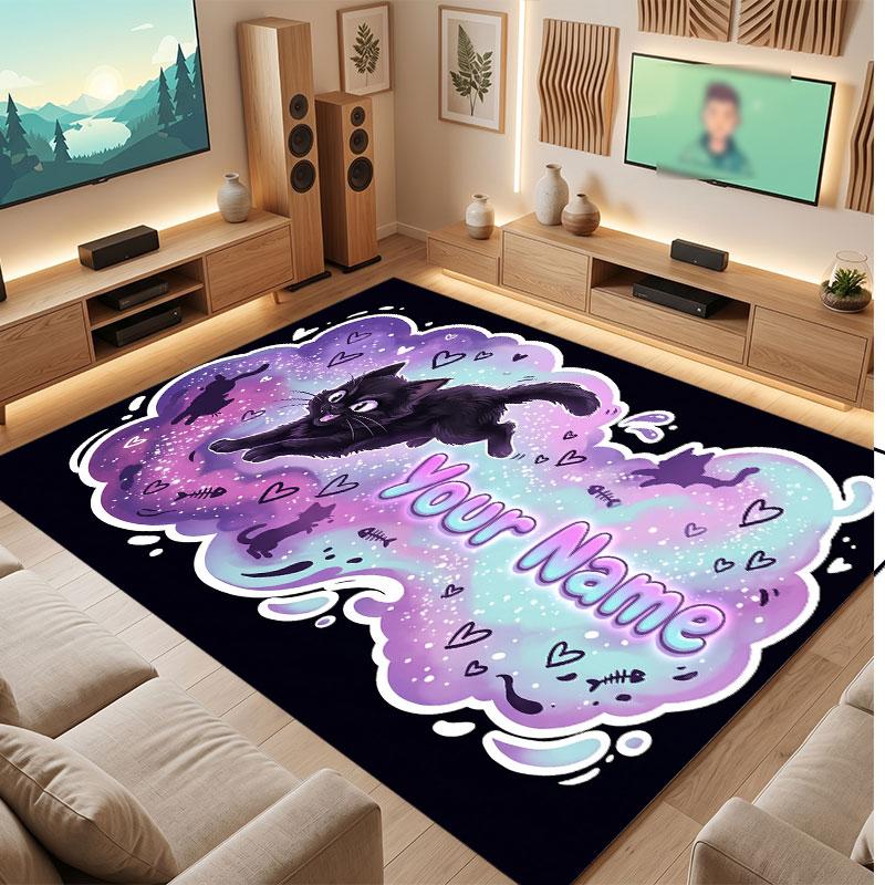 Cat Theme Crystal Velvet Floor Rug Personalized Custom Name Text Warm Carpet Home Decoration