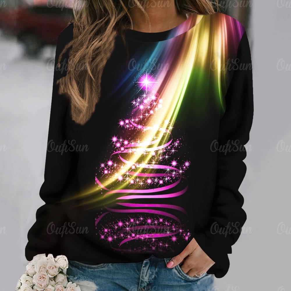 Christmas Tree Printed Women's T-Shirt Holiday Clothing For Ladies Autumn O-neck Loose Long Sleeve Tops Female Harajuku Pullover