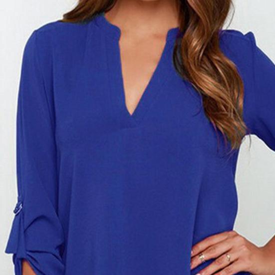 Summer Shirt Solid Color Ruched Loose Three Quarter Sleeves Low-cut Commute V Neck Plus Size Mid Length Summer Blouse Female Clothing