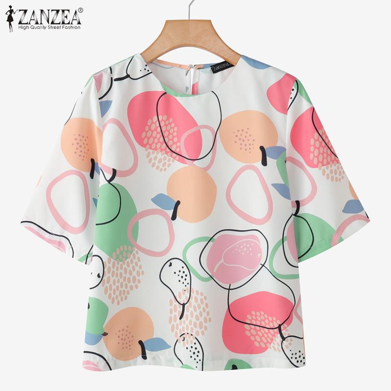 ZANZEA Women Print Casual Round Neck Loose Summer Half Sleeve Blouse